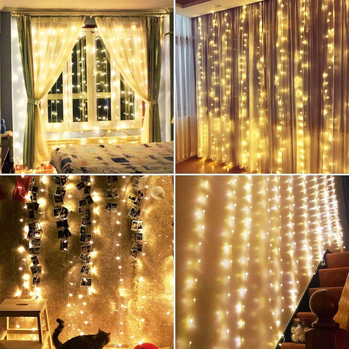 Cortina De Luces Led Usb 3x3m Decoración Blanco Cálido 8modo