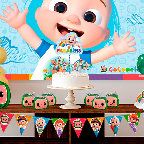Parte superior, decoración de tarta y V A, fiesta decorada con colores Cocomelon