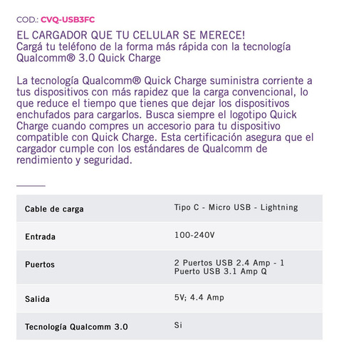 Imagen 7 de 9 de Cargador Turbo Carga Rapida Usbx3 Pared Qualcomm 3 Universal