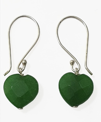 Aros Jade Verde Corazón Facetado Anzuelo Plata925 Sellada