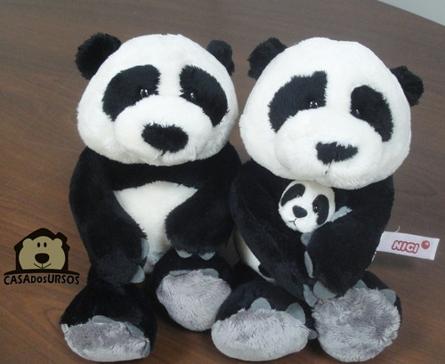 Ursos Pelúcia Panda Pai 25cm Com A Mãe De 25cm + Filhote 8cm