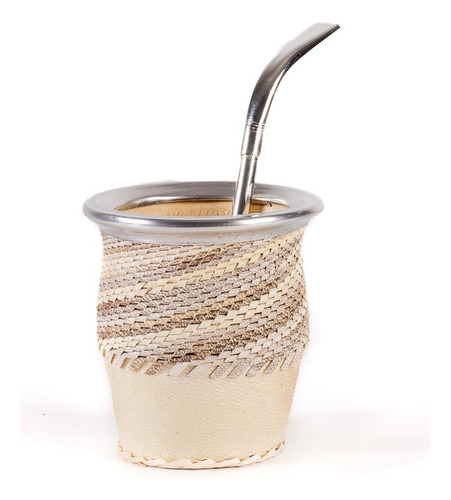 Mate Trenzado Tiento + Bombilla Pico De Loro De Acero Color Beige