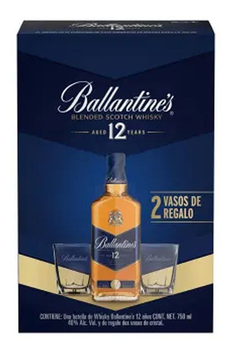 Whisky Ballantines 12 Años 750 Ml + 2 Vasos Cristal