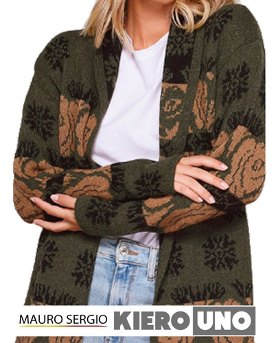 Imagen 2 de 9 de Saco Cárdigan Largo Tejido Jacquard Abierto Tapado Kierouno