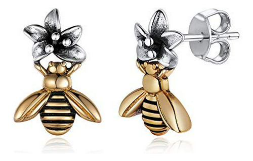 Pendientes Abeja Plata Flores Lindas, Hipoalergénicos