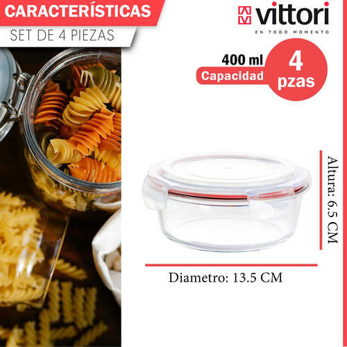 Set 4 Piezas Contenedor Hermetico Redondo Chico Rojo 400 Ml Transparente