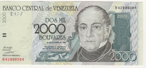 Imagen 1 de 2 de Billete Venezuela 2000 Bs 29 Octubre 1998 B8 Unc