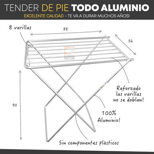 Imagen 4 de 10 de Tendedero Tender Pie 88cm Plegable Aluminio Reforzado Alumix