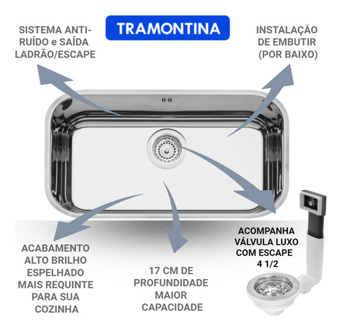 Cuba Inox Tramontina Alto Brilho 56x34 Com Ladrão + Tanque
