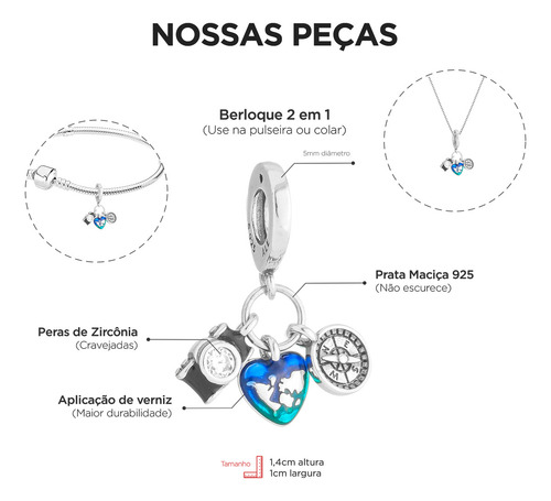 Berloque Viagem Ao Mundo Em Prata 925 Premium