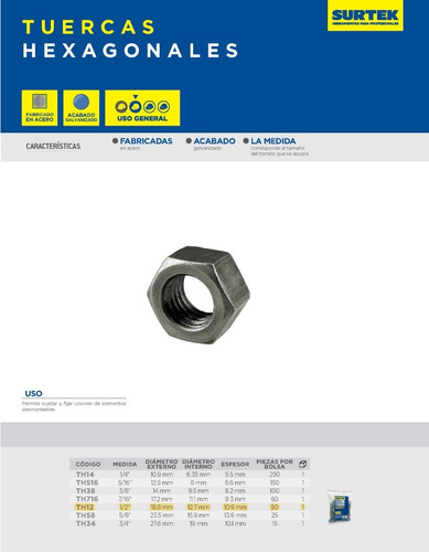 Paquete De Tuercas Hexagonales 1/2'' Surtek® 50 Piezas