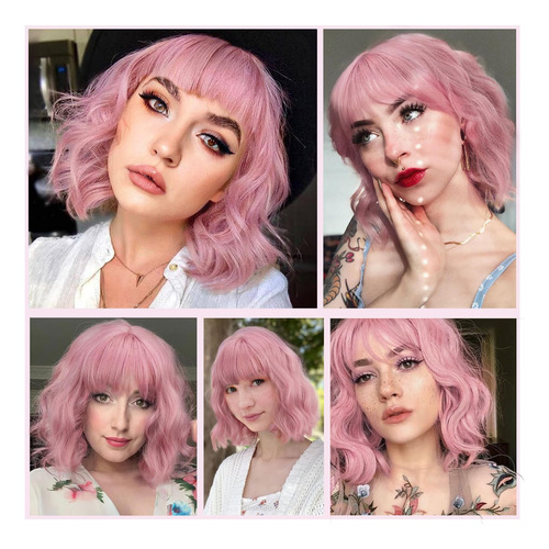 Peluca Corta Ondulada Con Flequillo Rosa