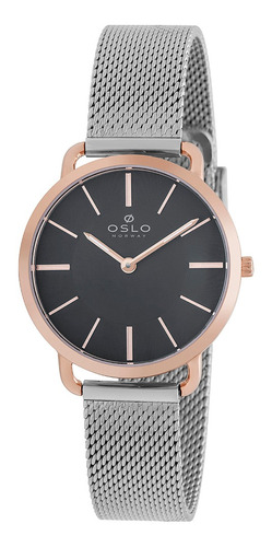 Relógio Oslo Feminino Slim Safira Pulseira Mesh Cor da correia Prata Fosco Cor do bisel Rose-gold Cor do fundo Grafite