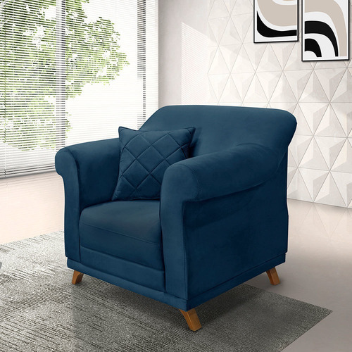 Kit 2 Poltronas Para Sala De Estar Vênus Veludo Pés Castanho Cor Azul-marinho