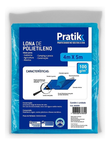 Lona Plástica Pratik Azul Com Ilhos 4mx5m