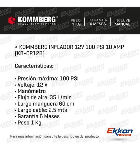 Imagen 2 de 9 de Inflador Compresor Aire Kommberg 12v 10 Amp 100 Psi