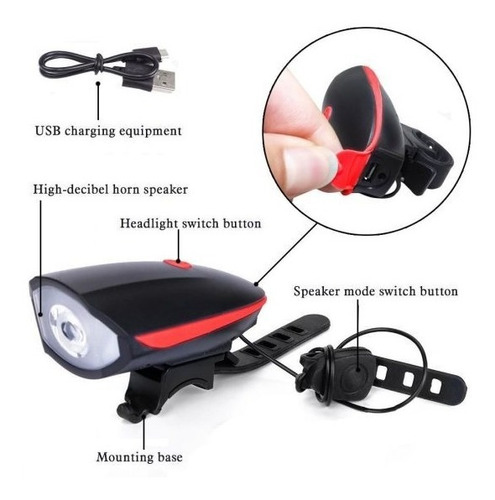 Imagen 2 de 9 de Luz Para Bicicleta Led Con Bocina Potente Recargable Usb