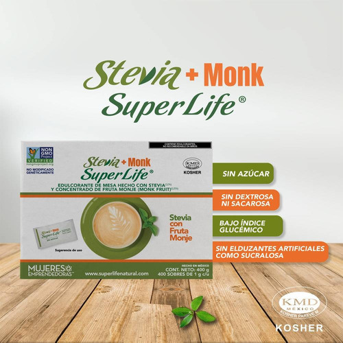 Super Life Stevia + Monk Sin Azúcar Kosher 400 Sobres 1g