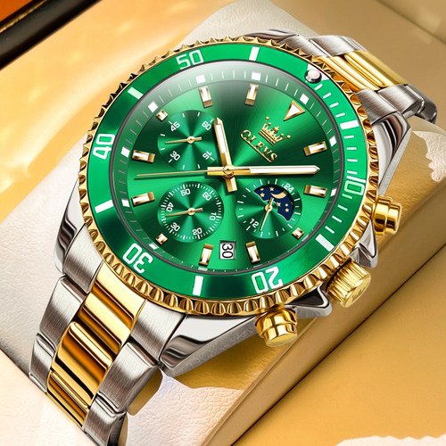 Reloj De Cuarzo Para Hombre Cronógrafo Luminoso Regalos Dorado Dorado Dorado/verde