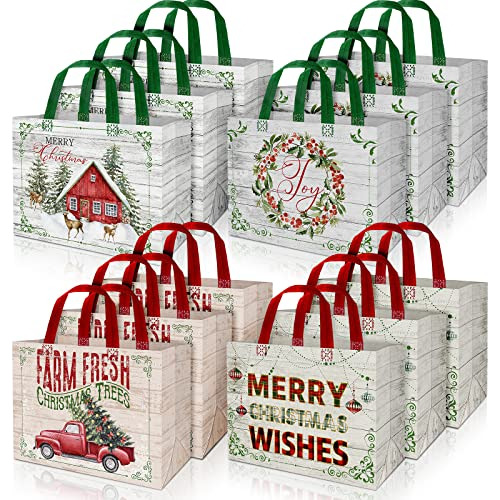 16 Pack Christmas Non-woven Bags Rustic Wood Grain Truc...