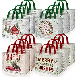 16 Pack Christmas Non-woven Bags Rustic Wood Grain Truc...