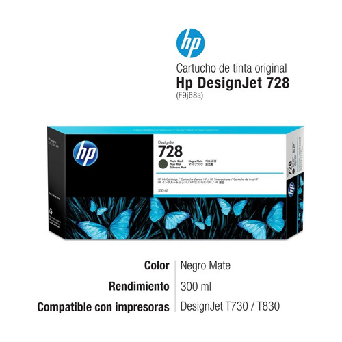 Imagen 2 de 6 de Cartucho Hp 728 Negro Mate Original F9j68a 300ml T730 T830