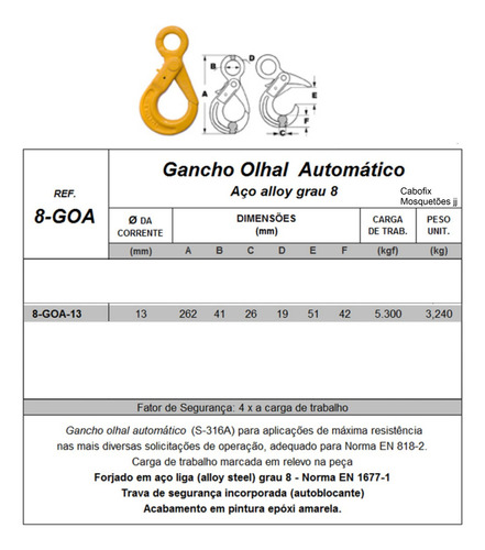 12 Un. Gancho Olhal Com Trava Automática 13mm 5300kg Grau 8