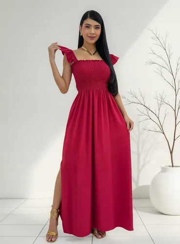 Vestido Longo Feminino Casual Lastex Alcinha Fenda Barato