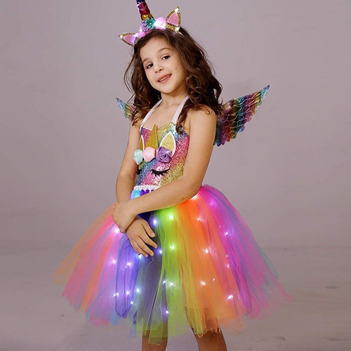 Vestido De Unicornio Led #3pcs For Niñas Con Luz Arcoíris