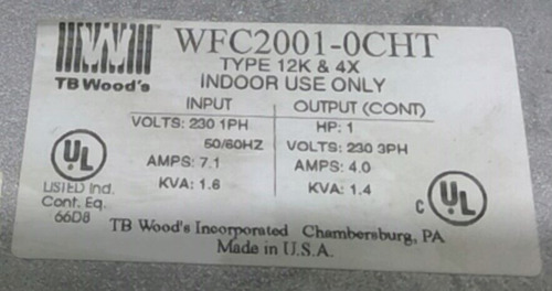 Tb Woods Wfcc2001-0cht E-trac Ac Inverter 1 Hp 230 Volt Bbr