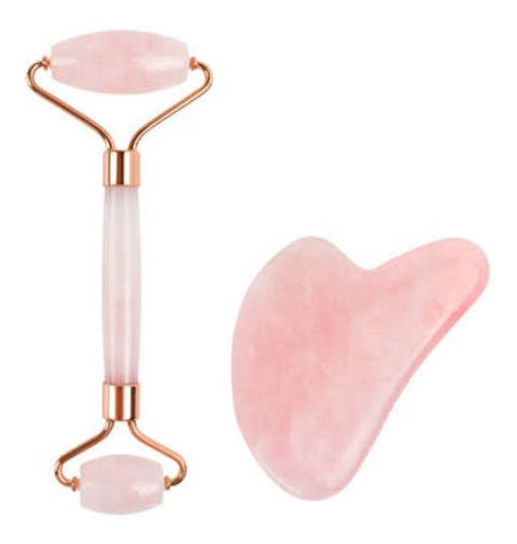 Rodillo + Gua Sha Piedra Cuarzo Rosa Masaje Facial Corporal 