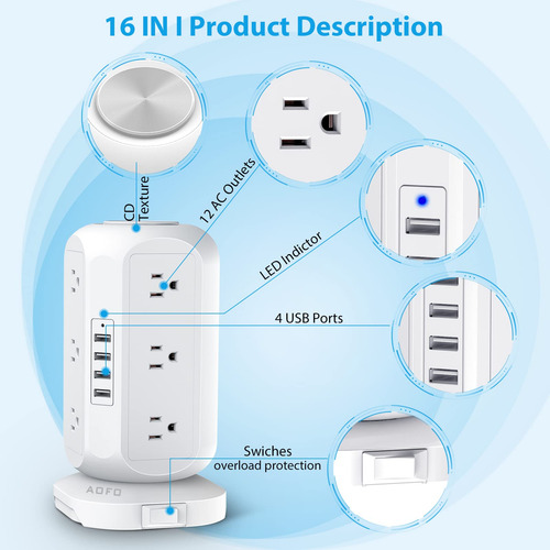Regleta De Alimentacion De Torre Con 12 Tomacorrientes 4 Usb