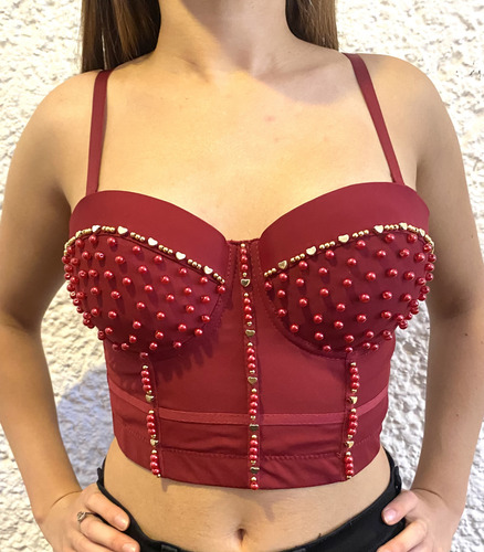 Blusa Top Corset Sexy Vino Con Perlas Y Corazones Talla Ch (Usado)