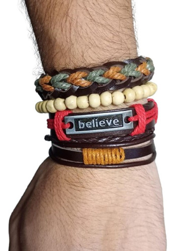 Conjunto Pulsera Cuero Trenzado Cuencas Believe 4 En 1 