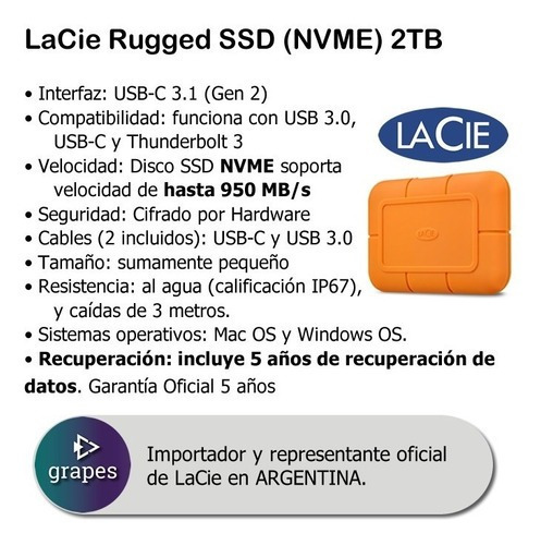 Disco externo solido 2TB LaCie Rugged SSD NVMe Naranja USB-C hasta 1050 MB/s resistencia IP67 Cifrado hardware
