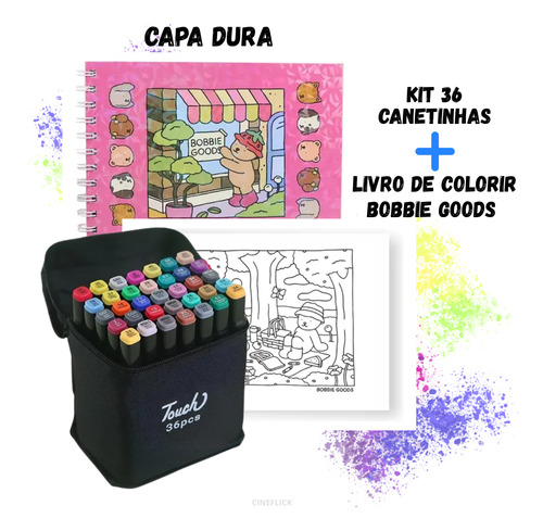 Kit 36 Canetinhas Ponta Dupla Touch + Livro De Colorir Bobbie Goods Capa Dura