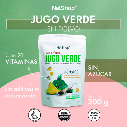Jugo Verde en Polvo Sabor Piña Natshop Sin Azúcar ni Conservadores | Superalimento Natural con 21 Vitaminas y Minerales 200g