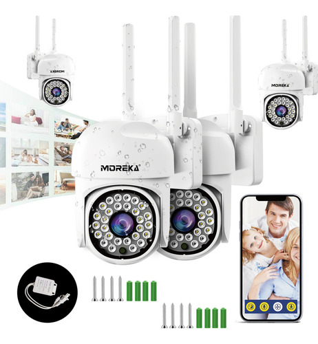 Moreka® 4pcs 2mp Cámara De Seguridad Exteriores Wifi Hd 1080p Videovigilancia Por Teléfono Móvil, Visión Nocturna, Funciones A Prueba De Agua Y Led Alarma, Wifi Doble Frecuencia, Con 26 Led
