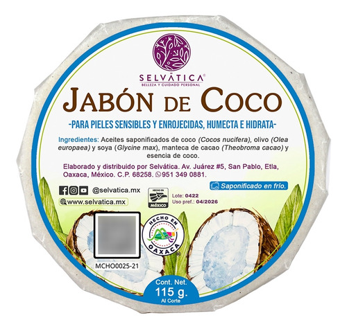 Jabón Artesanal Humectante De Coco | 115g. | Saponificado