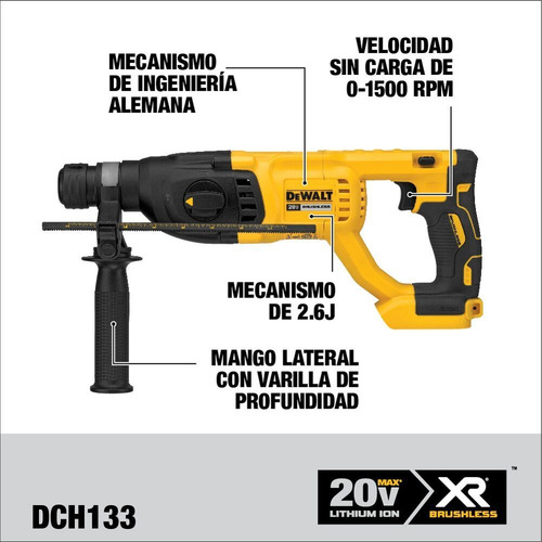 Imagen 4 de 9 de Rotomartillo electroneumático DeWalt DCH133M2 inalámbrico amarillo y negro con 1600W de potencia 110V/220V