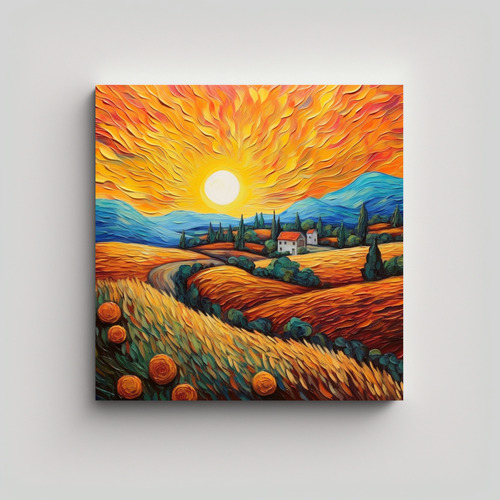 60x60cm Cuadro Paisaje Textura Van Gogh Sol Amarillo Blanco 