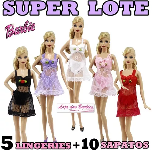 Roupa Lingerie Luxo Camisola Para Boneca Barbie + Sapatos