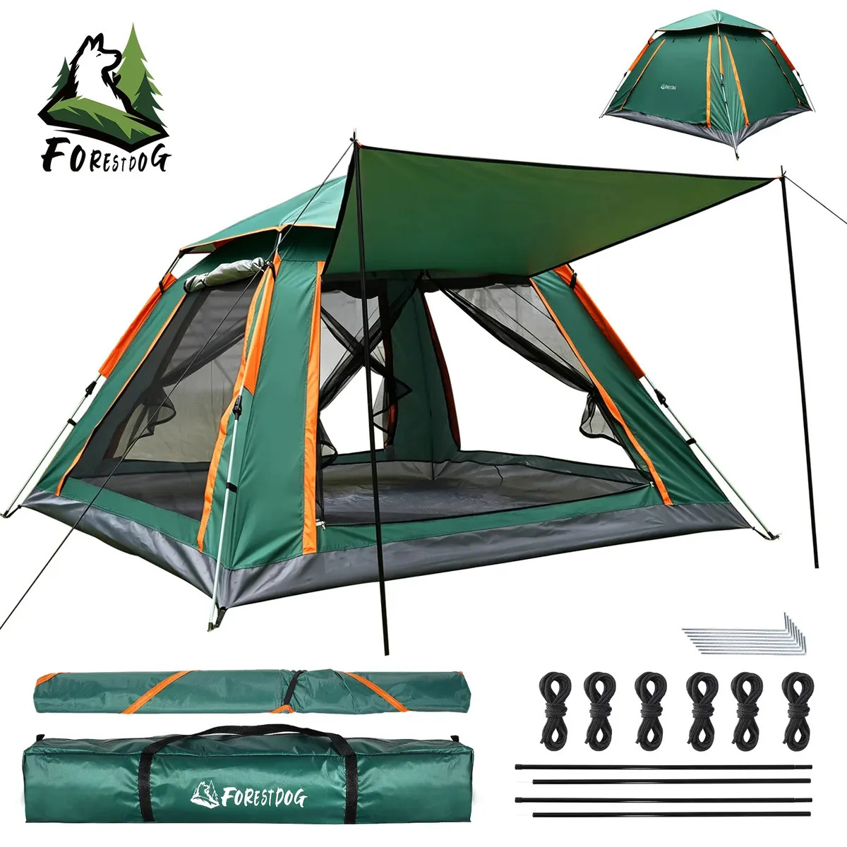 Barraca Camping Automatica Forestdog 5-6 Pessoas Impermeavel Acampamento Barraca 240*240*135cm Verde Ventilação Uv