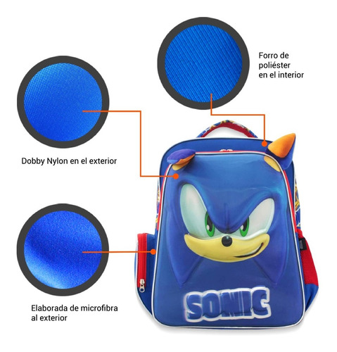 Imagen 8 de 8 de Mochila Escolar Infantil Doble Compartimiento Sonic