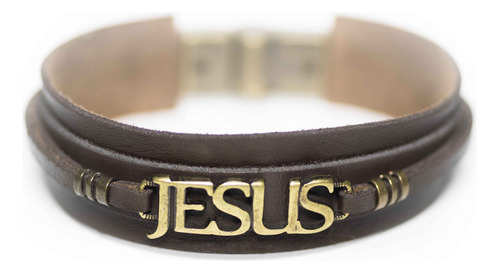 Pulseira Couro Masculina Jesus Marrom