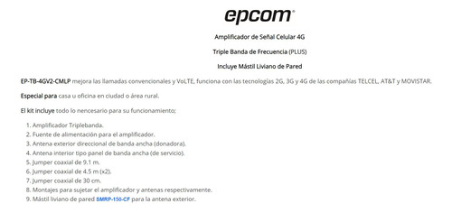 Kit Amplificador De Señal Celular 4g Lte 500m2 Ep-tb-4g