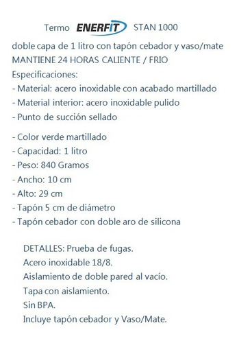 Imagen 4 de 6 de Termo Enerfit 1 Litro - Acero Inoxidable Pico Cebador Mate