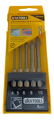Set Brocas Cerámica Vidrio Hexagonal - 5 Pcs - 4-5-6-8-10mm