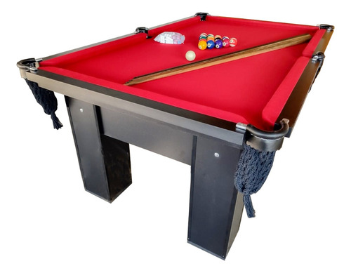 Mesa de bilhar Ana Bella Slim de 187cm x 107cm x 82cm cor preto com superfície de jogo de mdf, tecido vermelho de acrílico e redes de cor preto