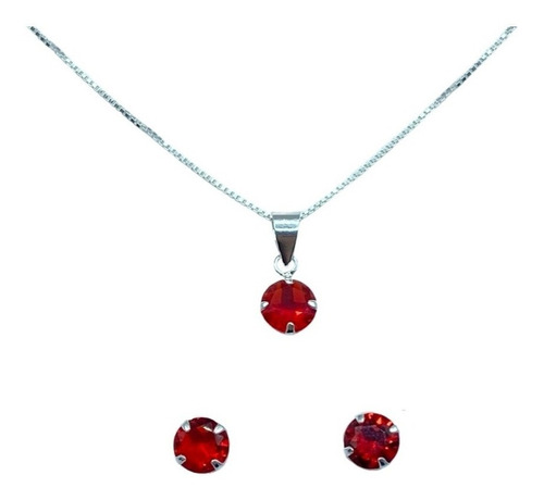 Conjunto Collar Aros Colgante Punto De Luz Rojo Plata 925